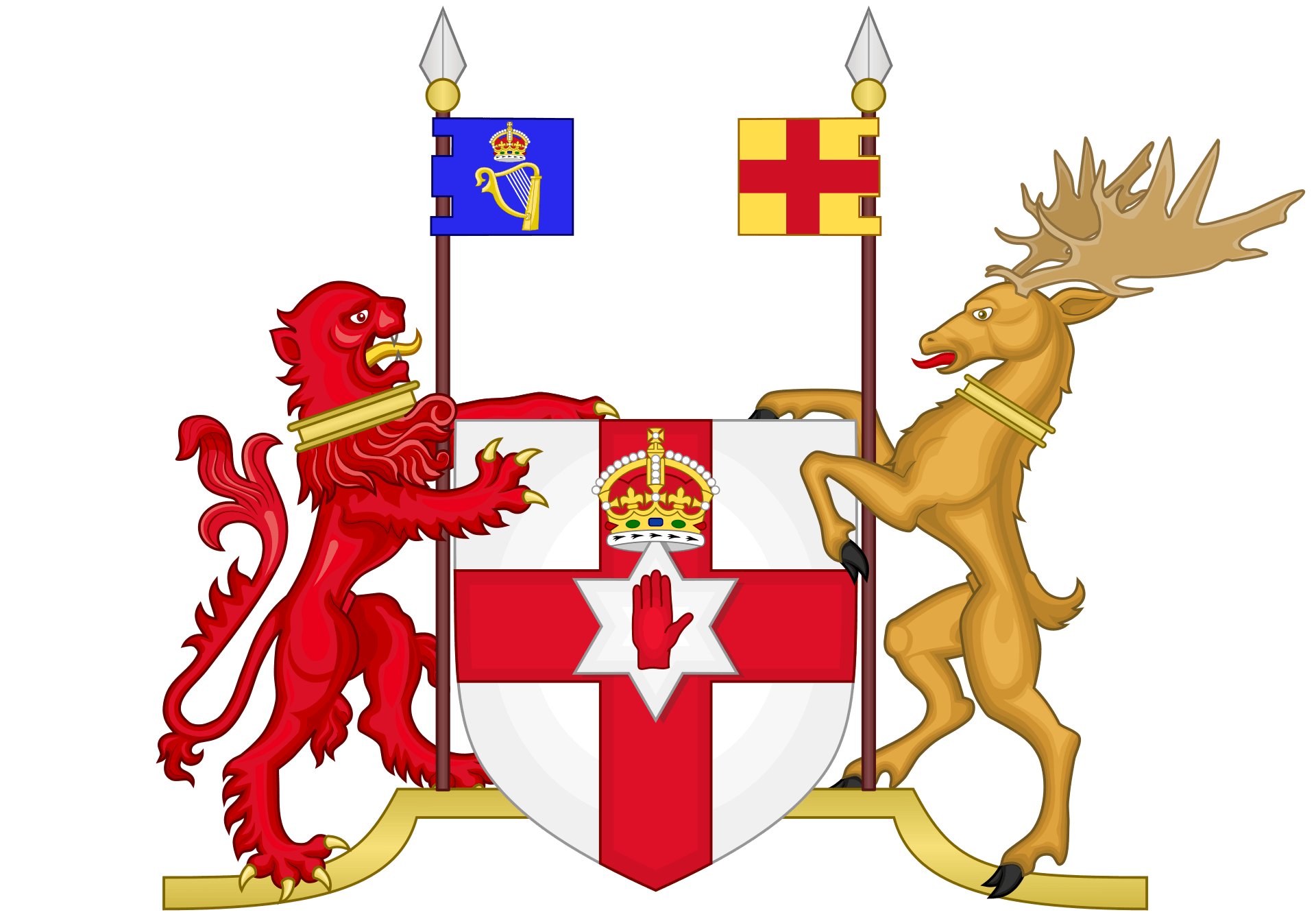 Former Coat of Arms of the Government of Northern Ireland &mdash; red cross of Saint George on silver, charged with a six-pointed star bearing the Red Hand of Ulster, ensigned by an imperial crown. Granted 1924, in abeyance since 1972.