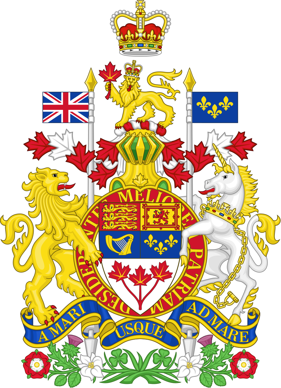 Coat of arms of Canada — Royal Arms with lion and unicorn supporters, quartered shield, maple leaves in base