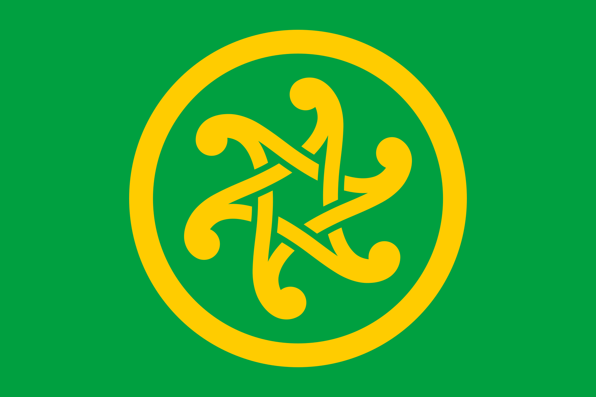 The pan-Celtic flag — a green field charged with two interlaced golden triskeles, one for the Gaelic nations and one for the Brittonic nations.