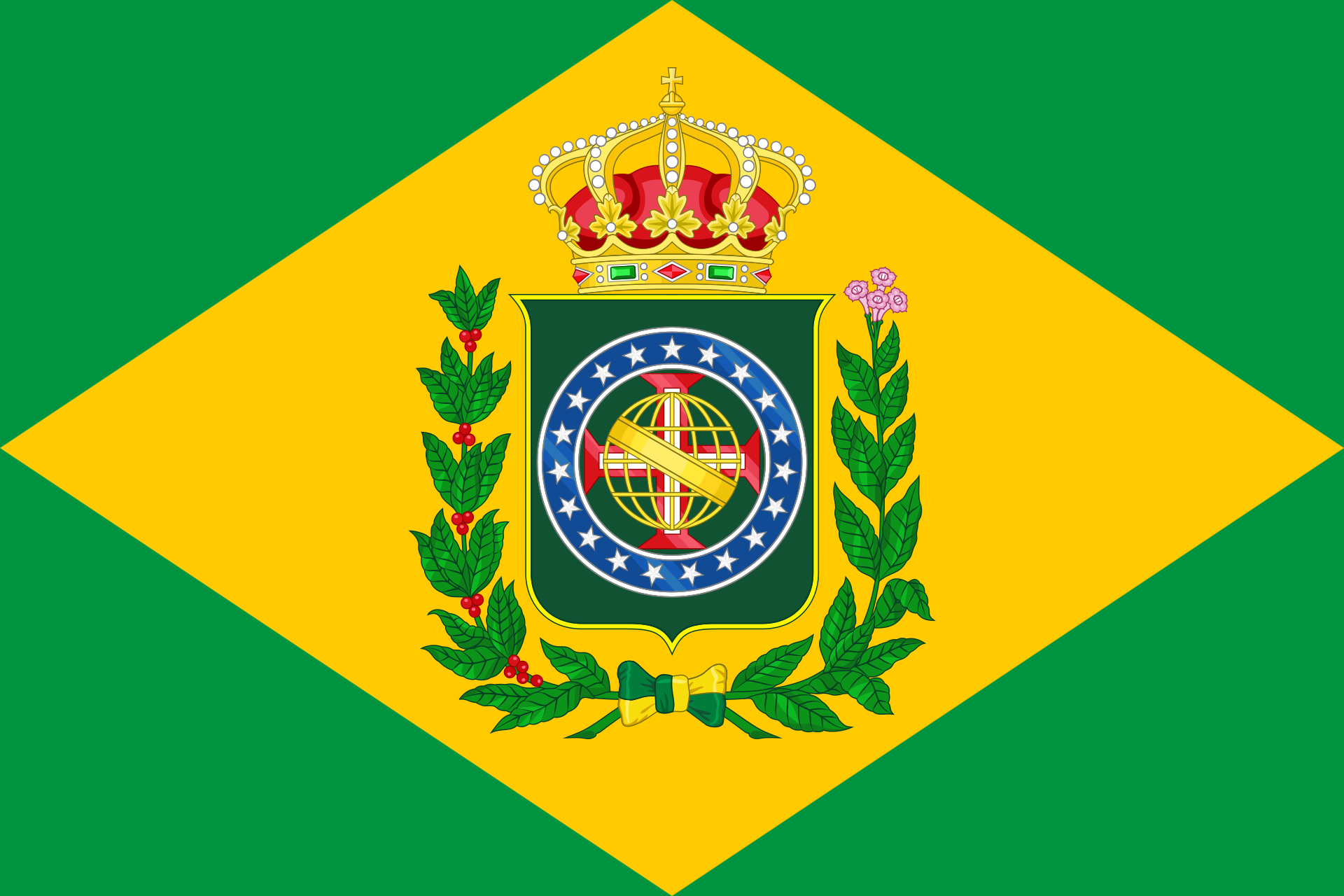 Flag of the Empire of Brazil (1822): green field, gold lozenge and the crowned imperial arms