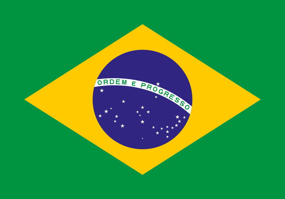 Flag of Brazil — green field with a gold rhombus enclosing a blue celestial sphere bearing the Southern Cross, twenty-six stars, and the white scroll Ordem e Progresso.