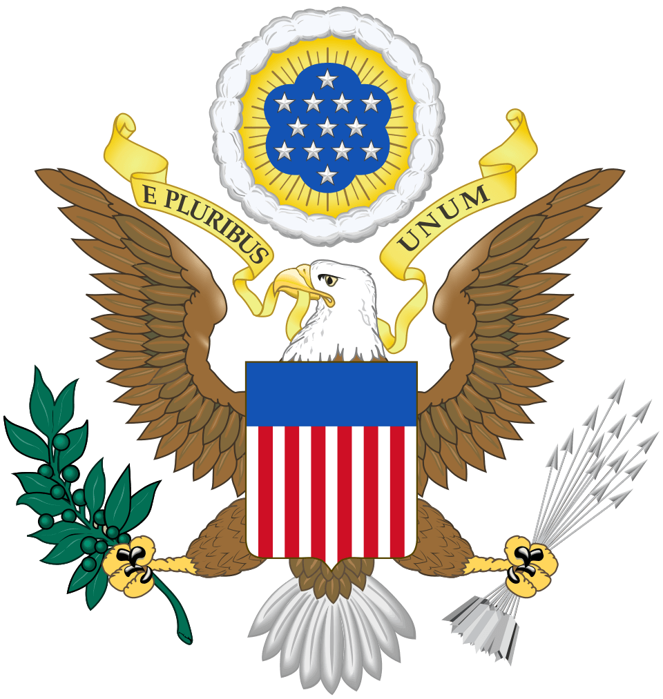 Great Seal of the United States — bald eagle with olive branch and arrows, breast shield of thirteen stripes, motto E Pluribus Unum.