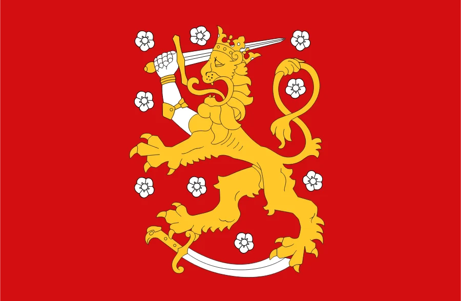 Lion flag of Finland: the golden lion of the arms with silver roses on a red field