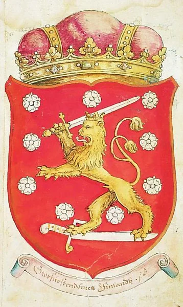 Arms of Finland in the chronicle of Laurentius Petri, 1580s: a crowned golden lion with a sword, trampling a sabre, on red