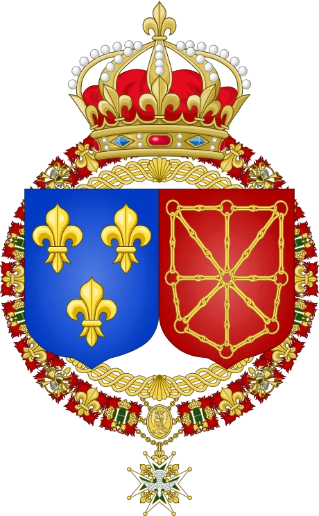 Arms of France and Navarre under the Bourbons: two shields side by side, the royal crown and the collars of the orders