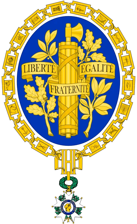 Unofficial emblem of the French Republic: a blue shield with a lictor’s fasces, surrounded by the collar of the Légion d’honneur