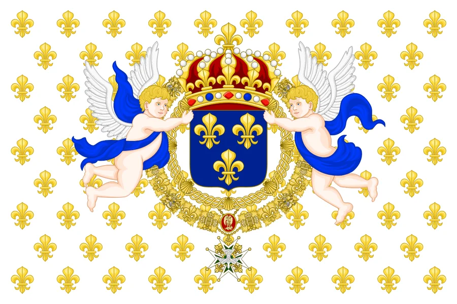 Royal standard of France: white strewn with golden fleurs-de-lis, with the king’s arms held by two angels
