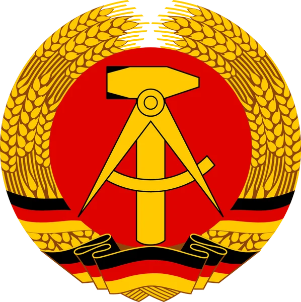 State emblem of East Germany from 1955 to 1990: hammer and compass on red in a wreath of wheat with a black-red-gold ribbon