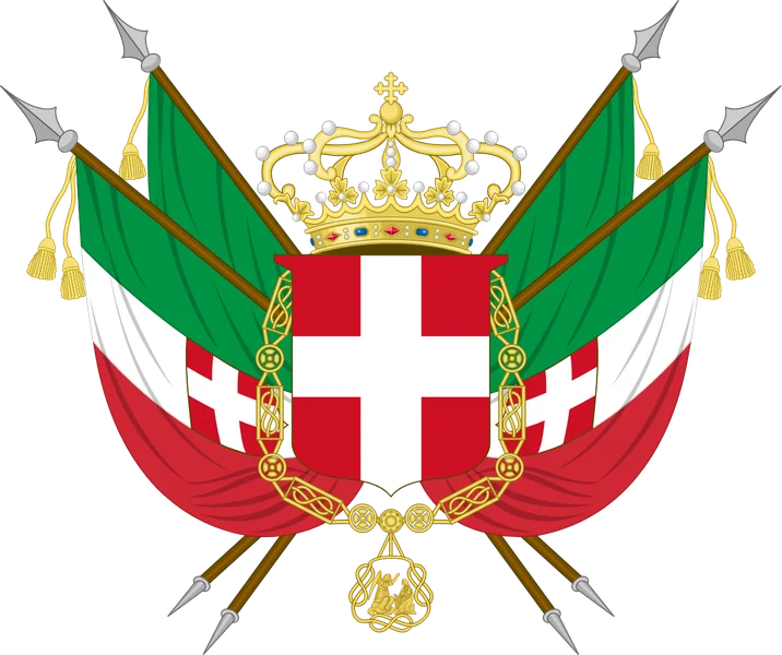 Arms of the Kingdom of Sardinia and of Italy before 1870: the Savoy shield with the collar of the Annunziata and the royal crown, between four national flags