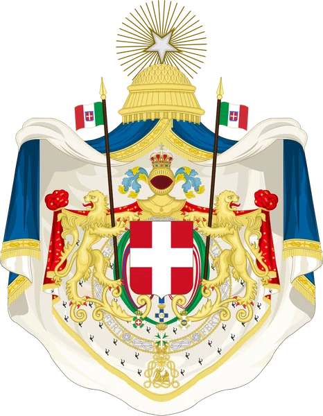 Greater arms of the Kingdom of Italy, 1870 to 1890: the Savoy shield with helm, crown, the collars of the orders, two lions holding national banners, a purple mantle and a blue pavilion under a radiant star