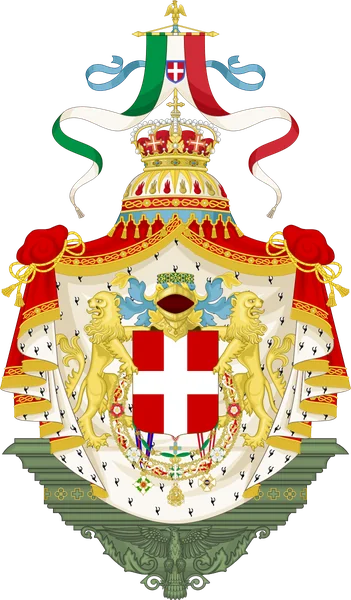 Greater arms of the Kingdom of Italy from 1890: the Savoy shield with the Iron Crown on the helm, two lions, the insignia of the orders and a royal pavilion