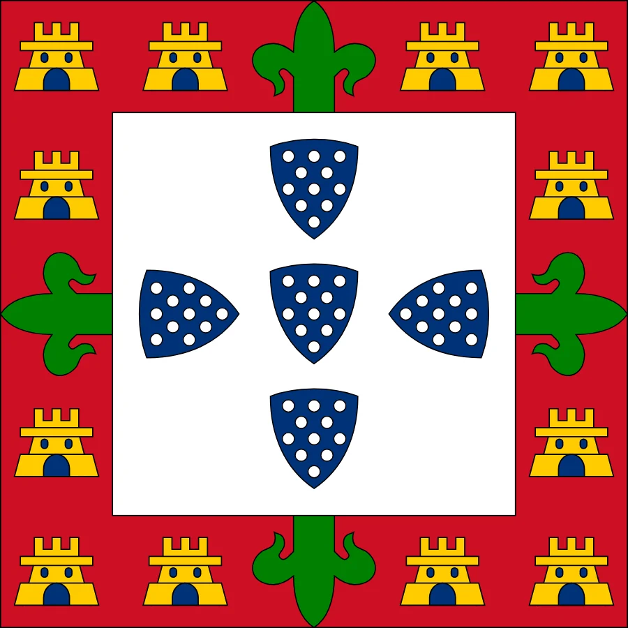 Armorial banner with the green flowered cross of the Order of Avis in the bordure of castles