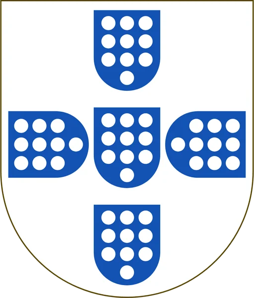 Shield of Portugal with the five quinas strewn with bezants, the flanking escutcheons lying sideways