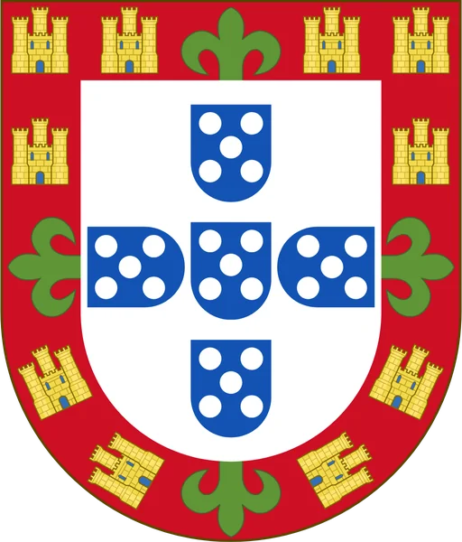 Shield of Portugal with the green flowered ends of the cross of Avis in the bordure of castles