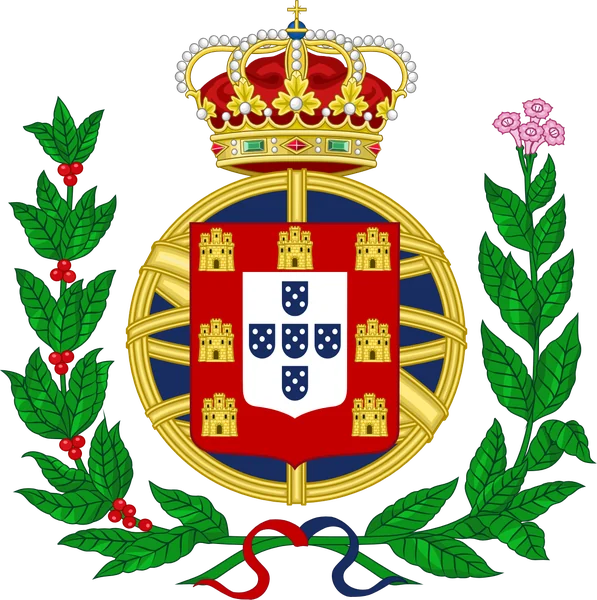 Arms of the United Kingdom of Portugal, Brazil and the Algarves: the shield of Portugal on a golden armillary sphere on blue, with the royal crown