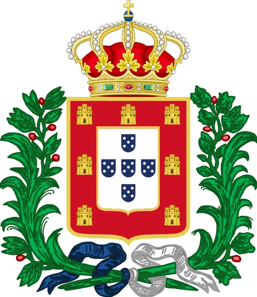 Royal arms of Portugal under the constitutional monarchy, ensigned with the royal crown and surrounded by laurel branches