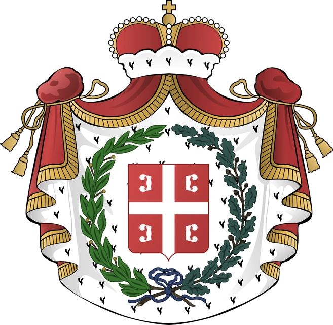 Arms of the Principality of Serbia, the cross with four firesteels between olive and oak on a princely mantle