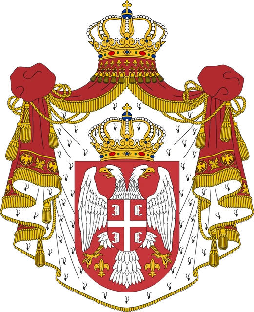 Royal arms of the Kingdom of Serbia, 1882-1918, the white double-headed eagle with the Serbian cross, on a mantle