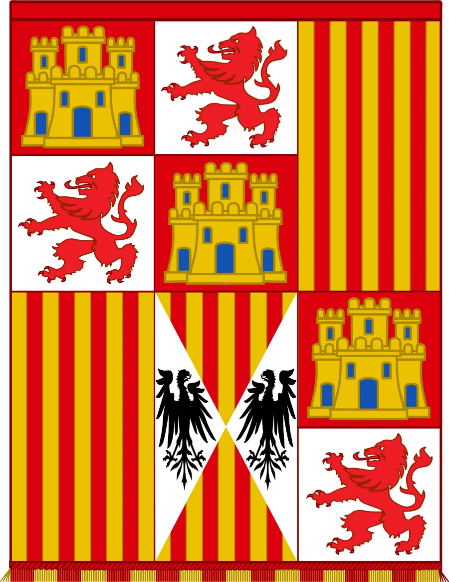 Flag of the infantry of the Catholic Monarchs, with the arms of Castile, León, Aragon and Sicily