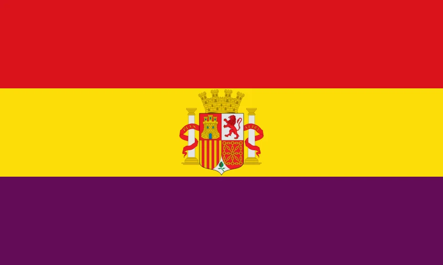 Flag of the Second Republic: red, yellow and purple stripes with the arms in the centre