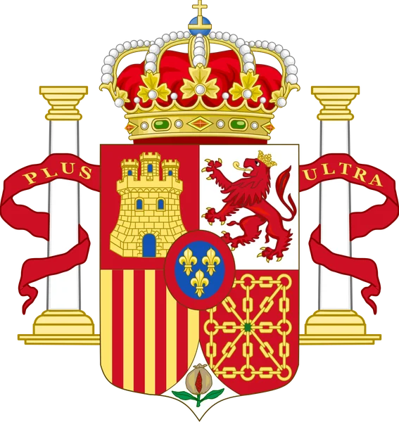 National arms of the Restoration: the 1868 quarters with the Bourbon inescutcheon, between the Pillars of Hercules