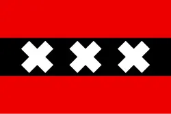Flag of Amsterdam: three white saltires on a black band between two red bands