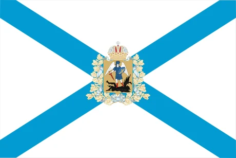 Flag of Arkhangelsk Oblast: a light blue saltire on white with the oblast's coat of arms at the centre