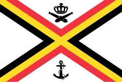 Naval ensign of Belgium: a black, yellow and red saltire on white with a crown, crossed cannon and an anchor