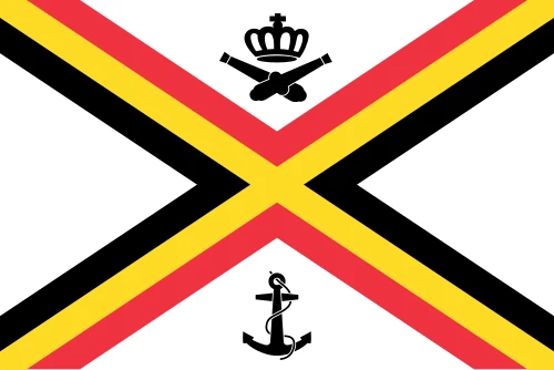Naval ensign of Belgium: a black, yellow and red saltire on white with a crown, crossed cannon and an anchor