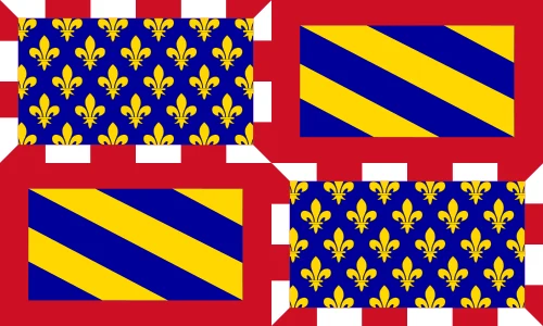 Banner of the Dukes of Burgundy: quarterly, fleurs-de-lis with a compony border and gold-and-blue bends
