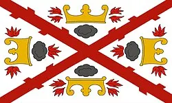 Military flag of the Burgundian state under Charles the Bold: a red ragged saltire on white with a ducal crown, fire steels and flints