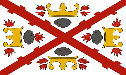 Military flag of the Burgundian state under Charles the Bold: a red ragged saltire on white with a ducal crown, fire steels and flints