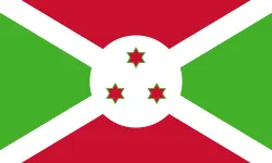 Flag of Burundi: a white saltire dividing red and green fields, with three red stars in a central white disc