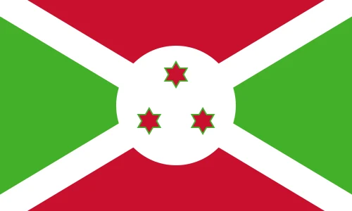 Flag of Burundi: a white saltire dividing red and green fields, with three red stars in a central white disc