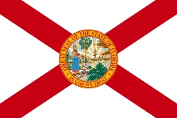 Flag of Florida: a red saltire on white with the state seal at the centre