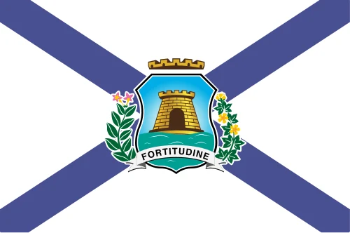 Flag of Fortaleza, Brazil: a blue saltire on white with the municipal arms at the centre