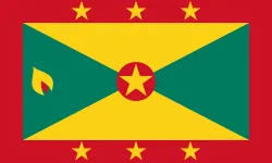 Flag of Grenada: a field divided per saltire into yellow and green triangles within a red border with seven stars