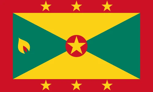 Flag of Grenada: a field divided per saltire into yellow and green triangles within a red border with seven stars