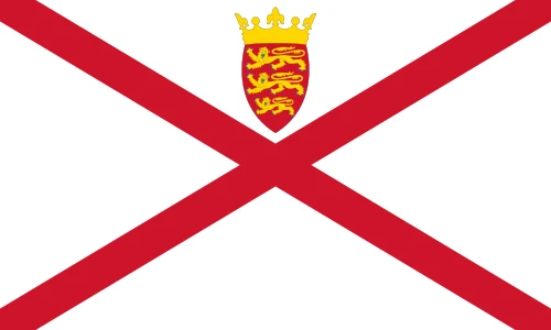 Flag of Jersey: a red saltire on white with the island's badge of three leopards under a crown