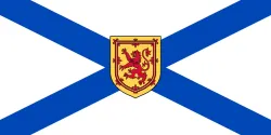 Flag of Nova Scotia: a blue saltire on white with the royal arms of Scotland
