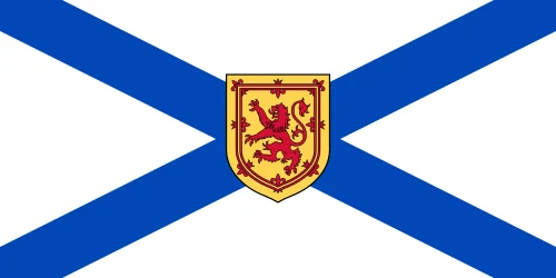 Flag of Nova Scotia: a blue saltire on white with the royal arms of Scotland