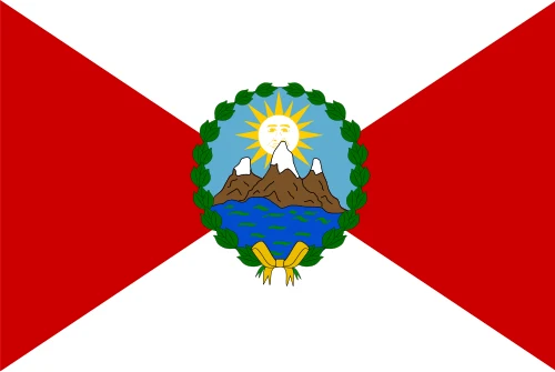 The first flag of Peru, 1820: a field divided per saltire into white and red triangles with a central emblem
