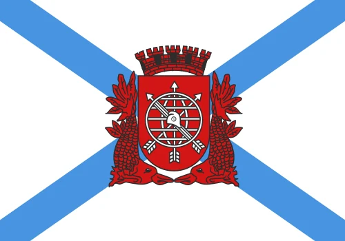 Flag of the city of Rio de Janeiro: a blue saltire on white with the municipal arms in red